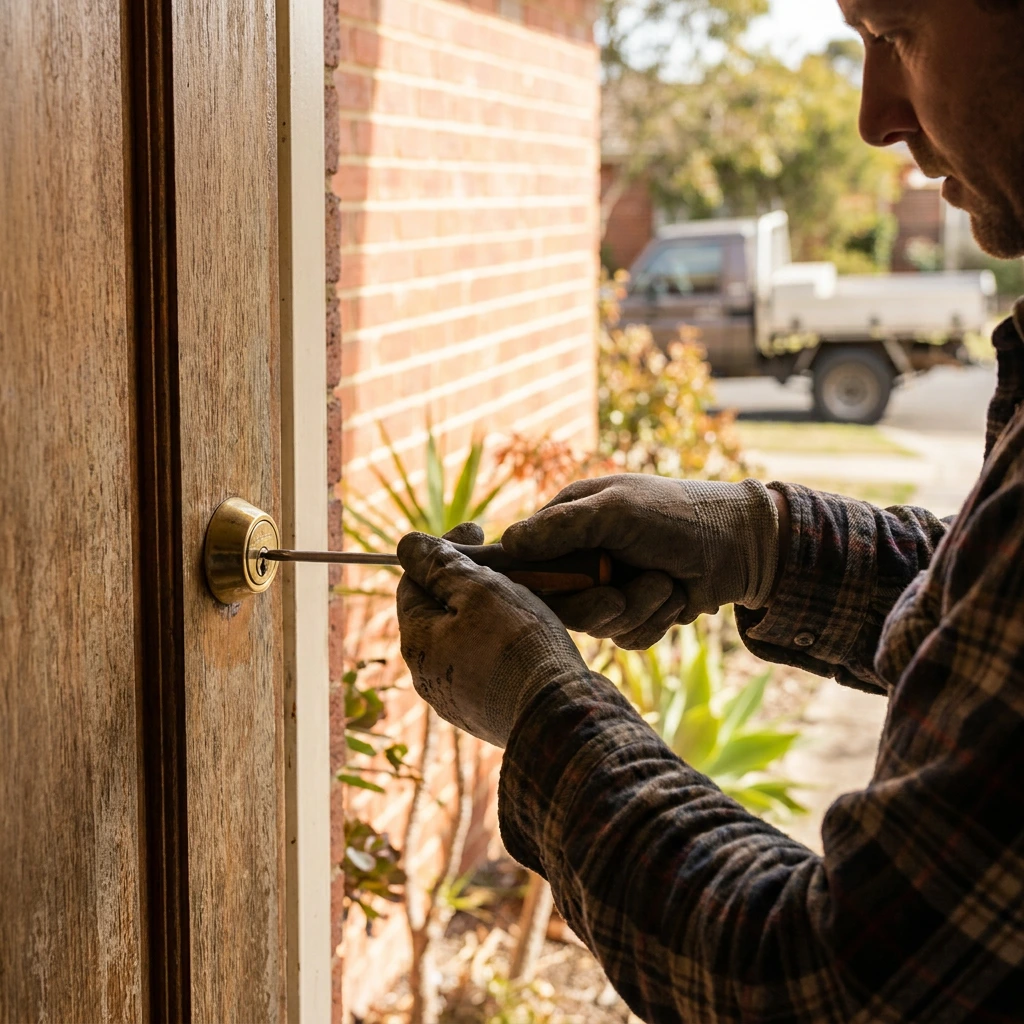Residential lock installation on a Queensland home door by D & B Locksmiths