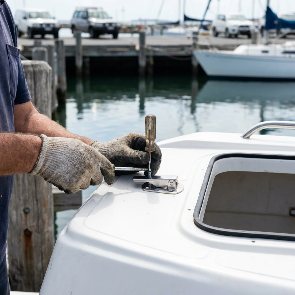 Marine locksmith working on a stainless boat lock in the Whitsundays
