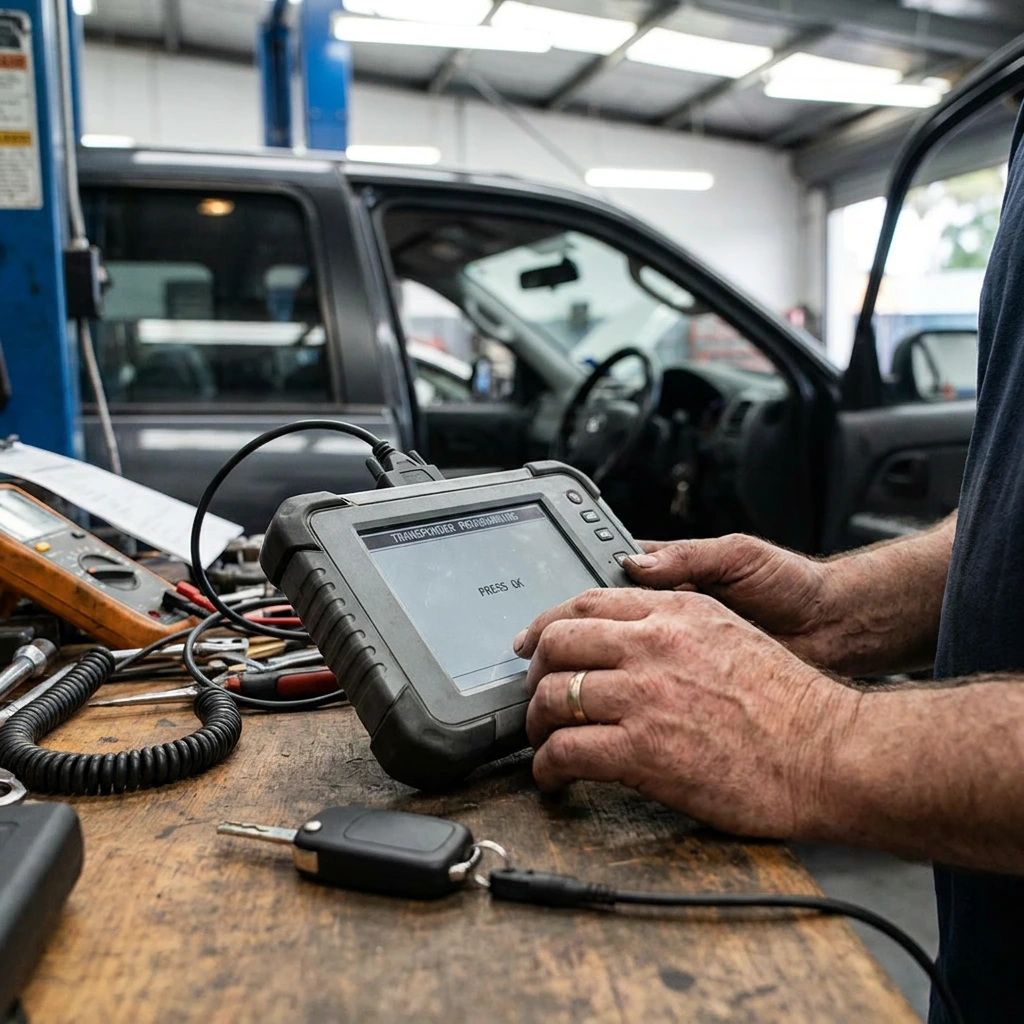 Automotive locksmith cutting and programming a replacement transponder car key