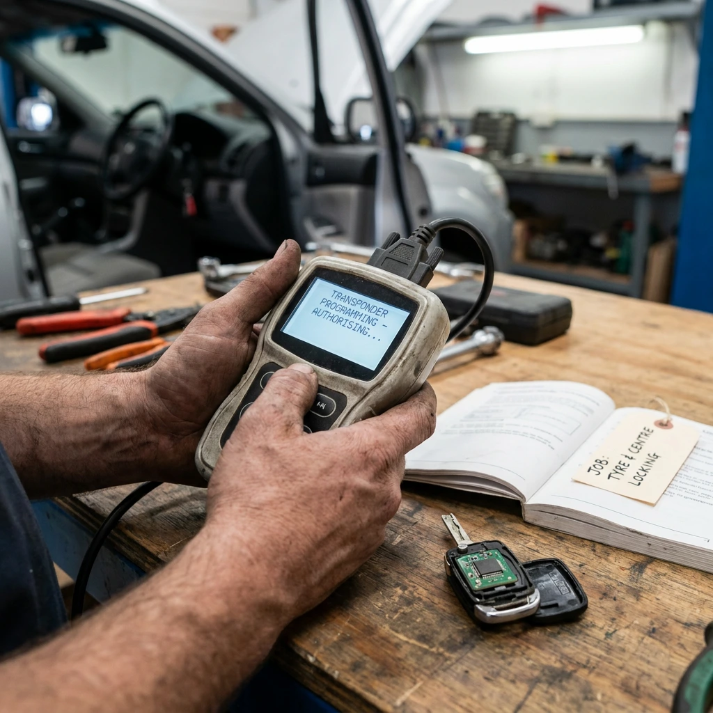 Car key and remote being programmed by an automotive locksmith