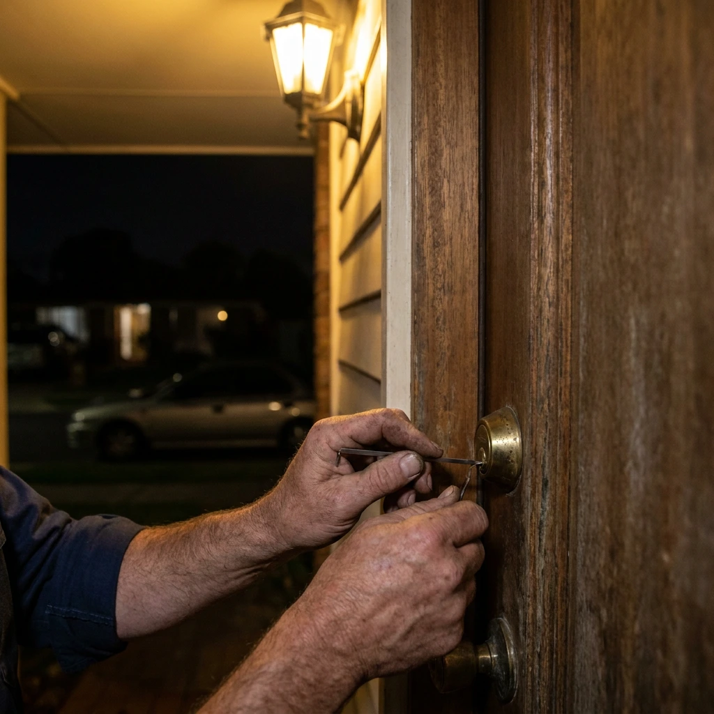 24/7 emergency locksmith opening a lock by porch light on an after-hours callout