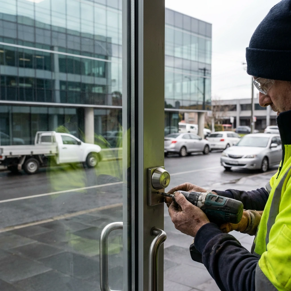 Commercial-grade lock being fitted to a glass and aluminium shopfront door
