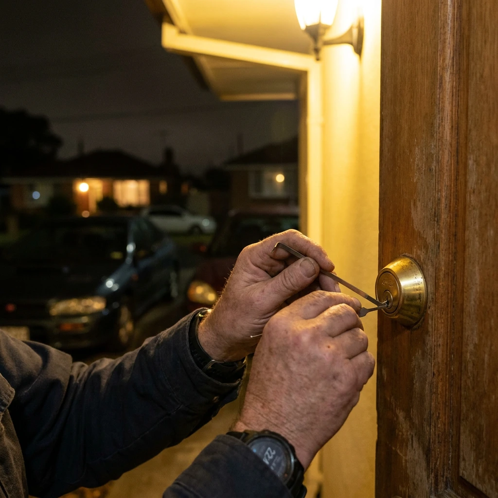 Emergency locksmith working a door lock at night during a callout